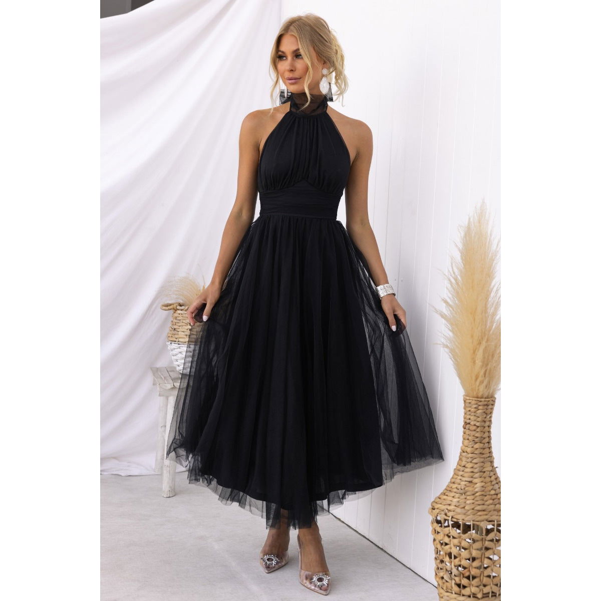 Halter Mesh Turtleneck Dress Casual Vacation Multi Color Dress