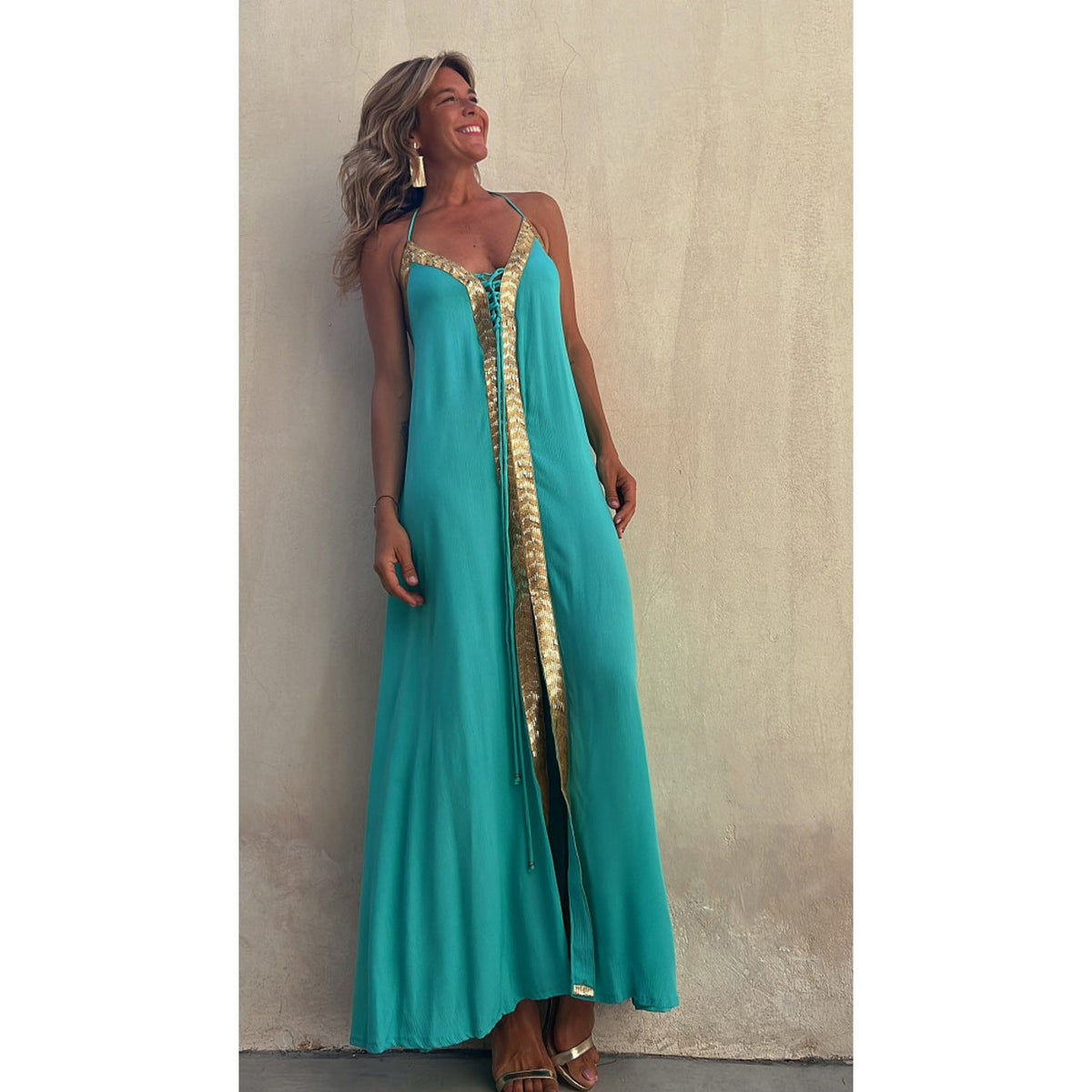 Lace up Halterneck Dress Casual Loose Vacation Large Swing Dress