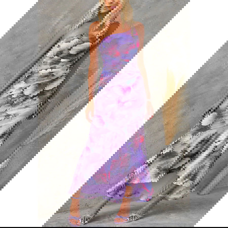 Oblique Shoulder Printing Elastic Lining Dress Casual