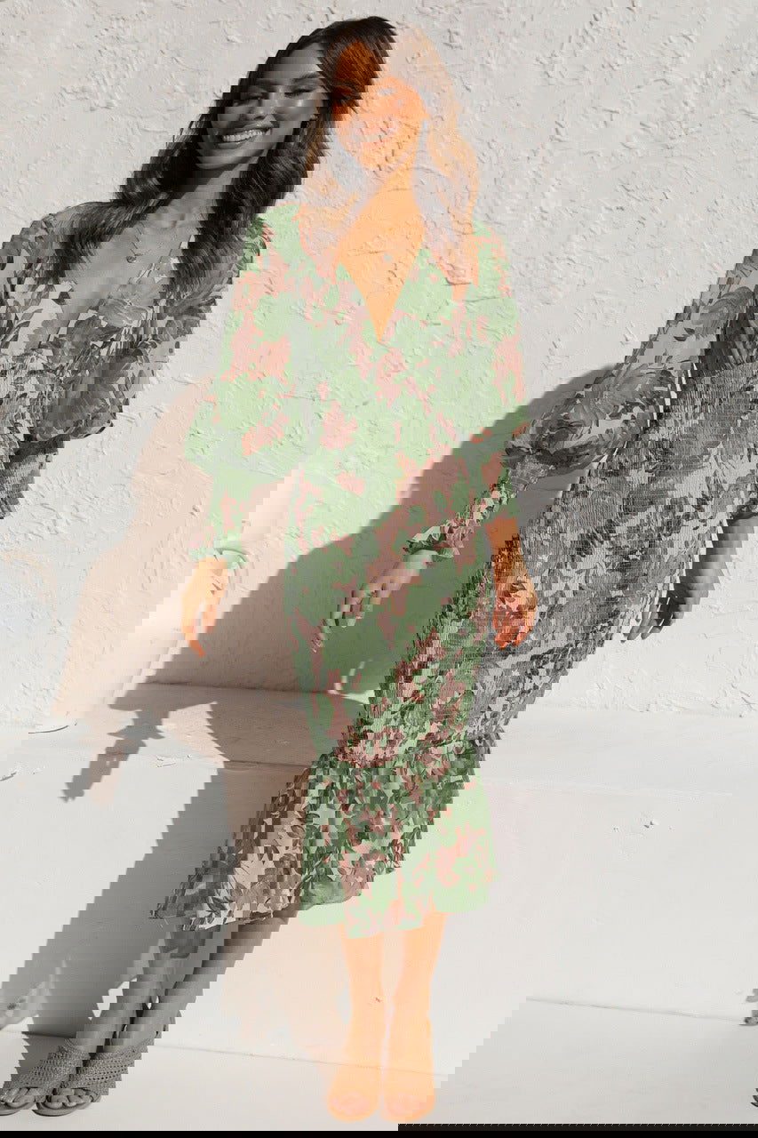 Office Elastic Waist Long Sleeve V neck Printed Flounced Dress