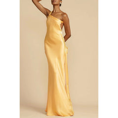 Party Slim Fit Oblique Shoulder Dress Casual Satin Dress