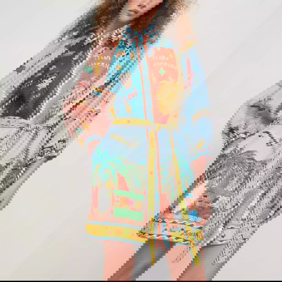 Vestido casual holgado con mangas 3/4 y cordones estampado