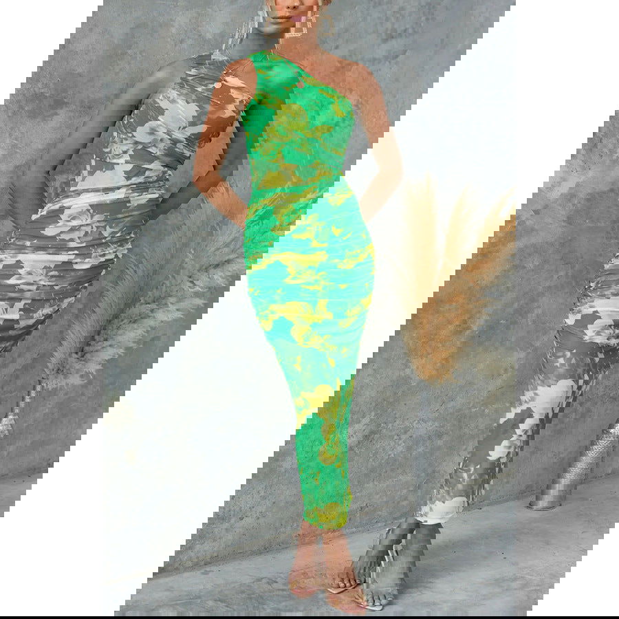 Vestido informal de fiesta con estampado de hombros elásticos