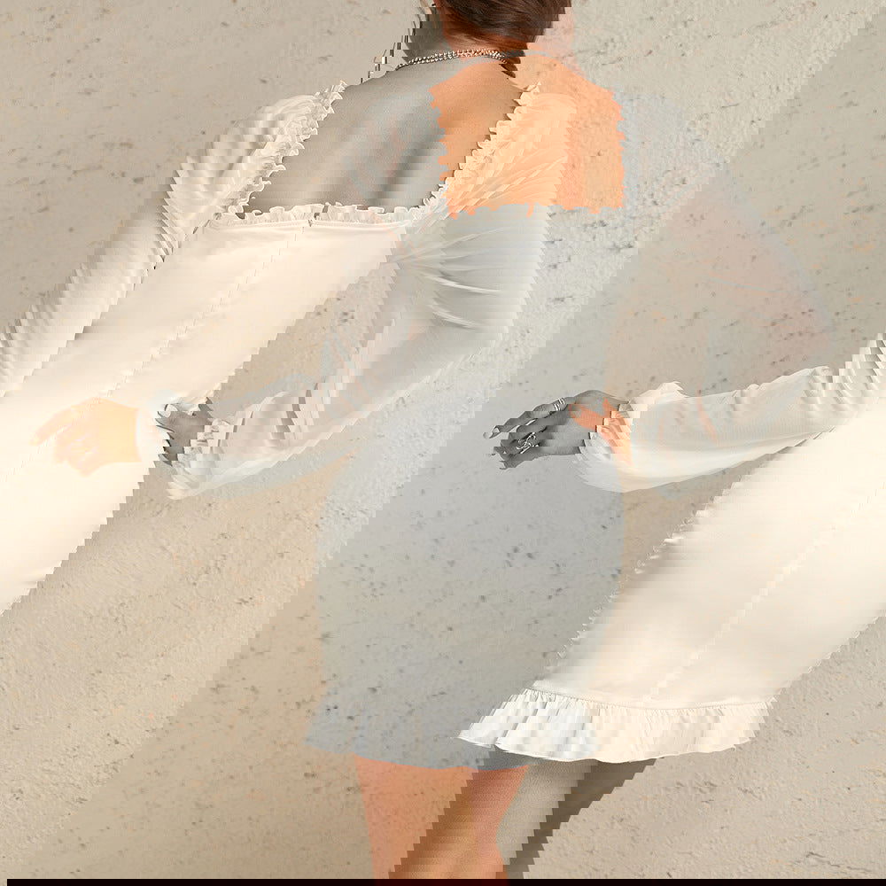Satin Stitching Mesh Slim Pleated Cross Strap Sheer Long Sleeve Dress