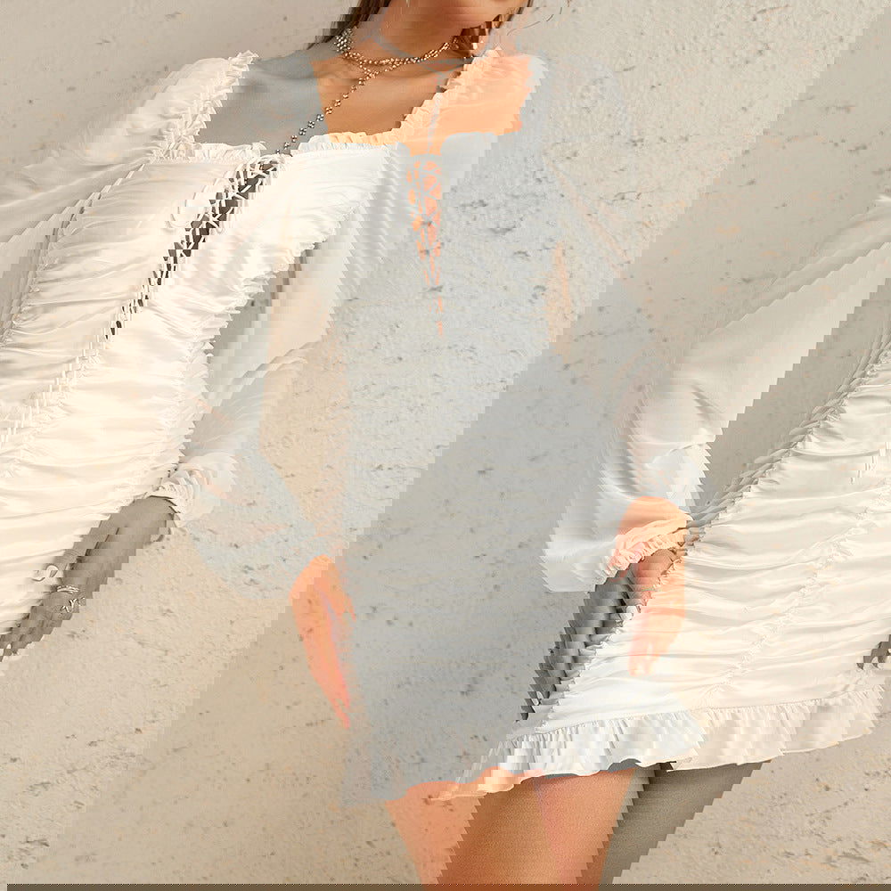Satin Stitching Mesh Slim Pleated Cross Strap Sheer Long Sleeve Dress