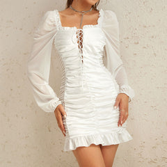 Satin Stitching Mesh Slim Pleated Cross Strap Sheer Long Sleeve Dress