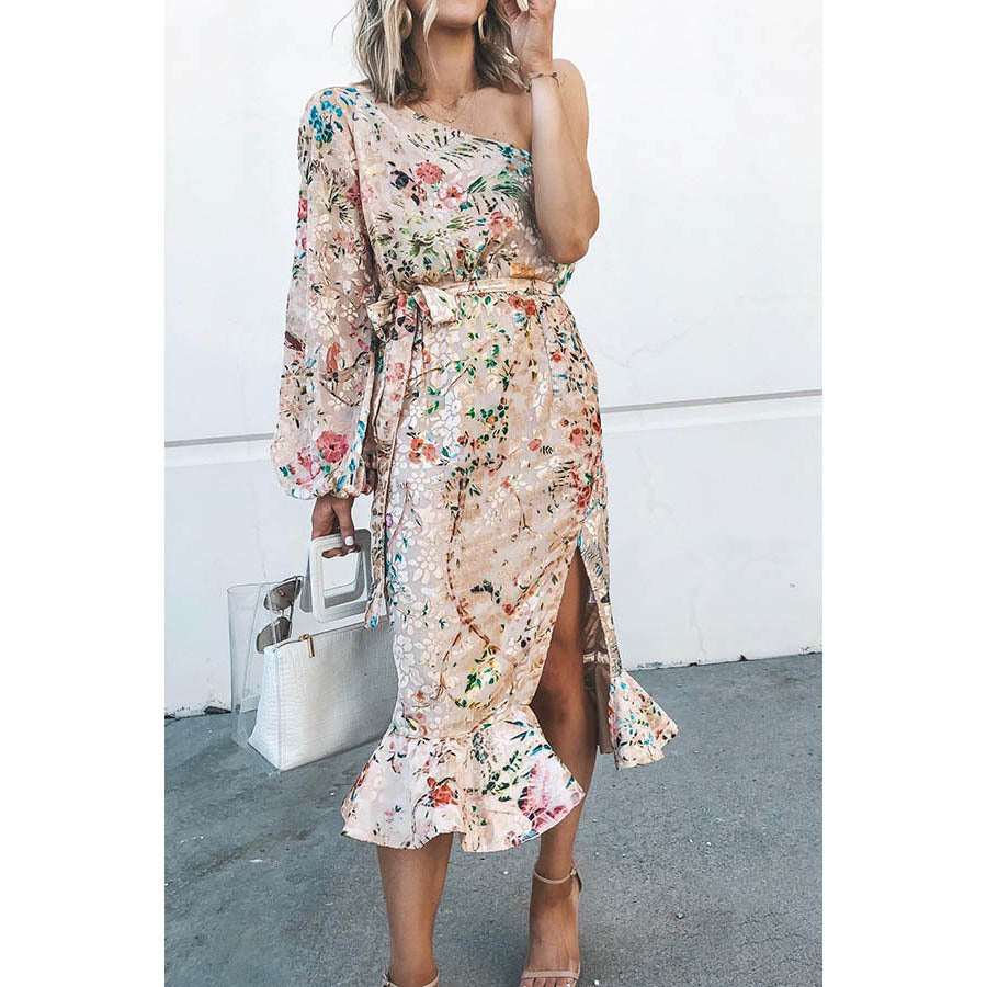 Slant Shoulder Split Dress Casual Loose Vacation Dress