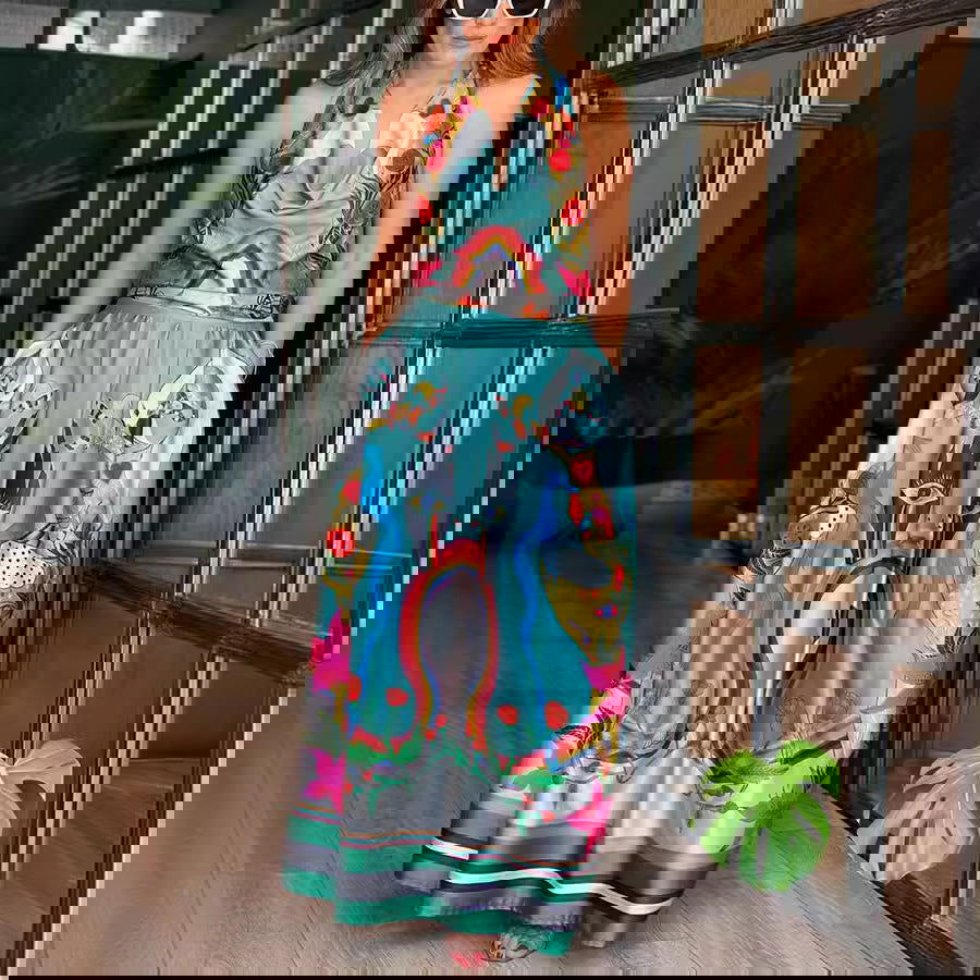 Sleeveless Printed Dress Casual Loose Vacation Lace up Dress