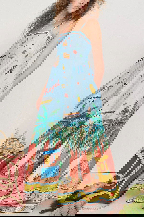 Suspender Printed Pocket Dress Casual Loose Vacation Dress