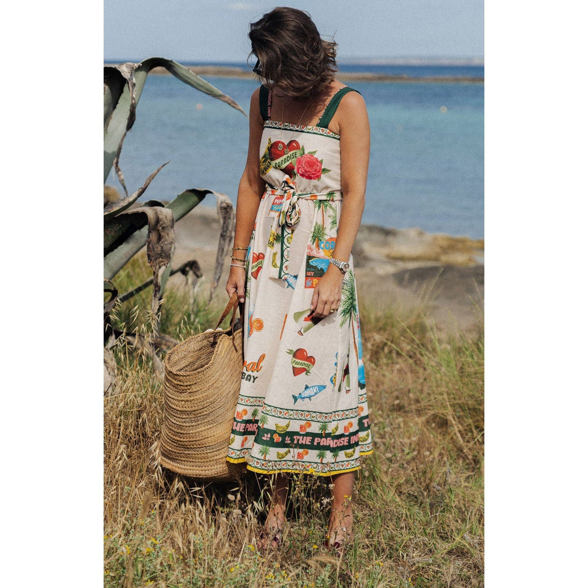 Suspender Printing Pleated Dress Loose Casual Holiday Dress