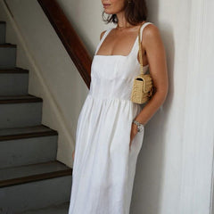 White Cami Casual Fold Split A line Long Dress