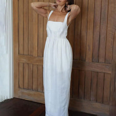 White Cami Casual Fold Split A line Long Dress
