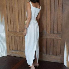 White Cami Casual Fold Split A line Long Dress