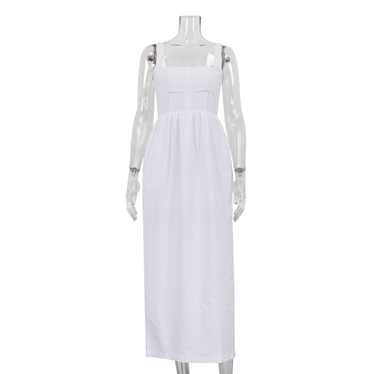 White Cami Casual Fold Split A line Long Dress