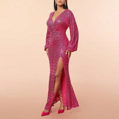 Elegant Dress Sequ Deep V Plunge Split Long Sleeve Maxi Dress
