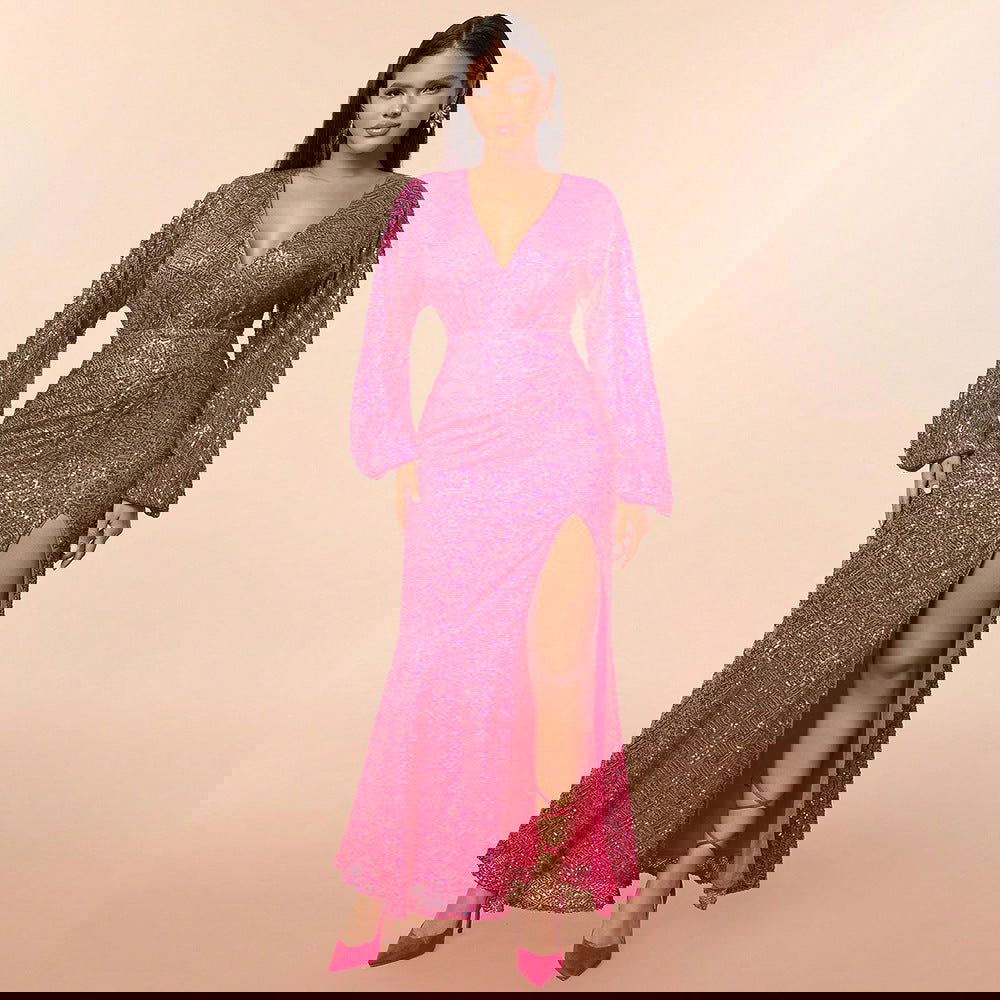 Elegant Dress Sequ Deep V Plunge Split Long Sleeve Maxi Dress