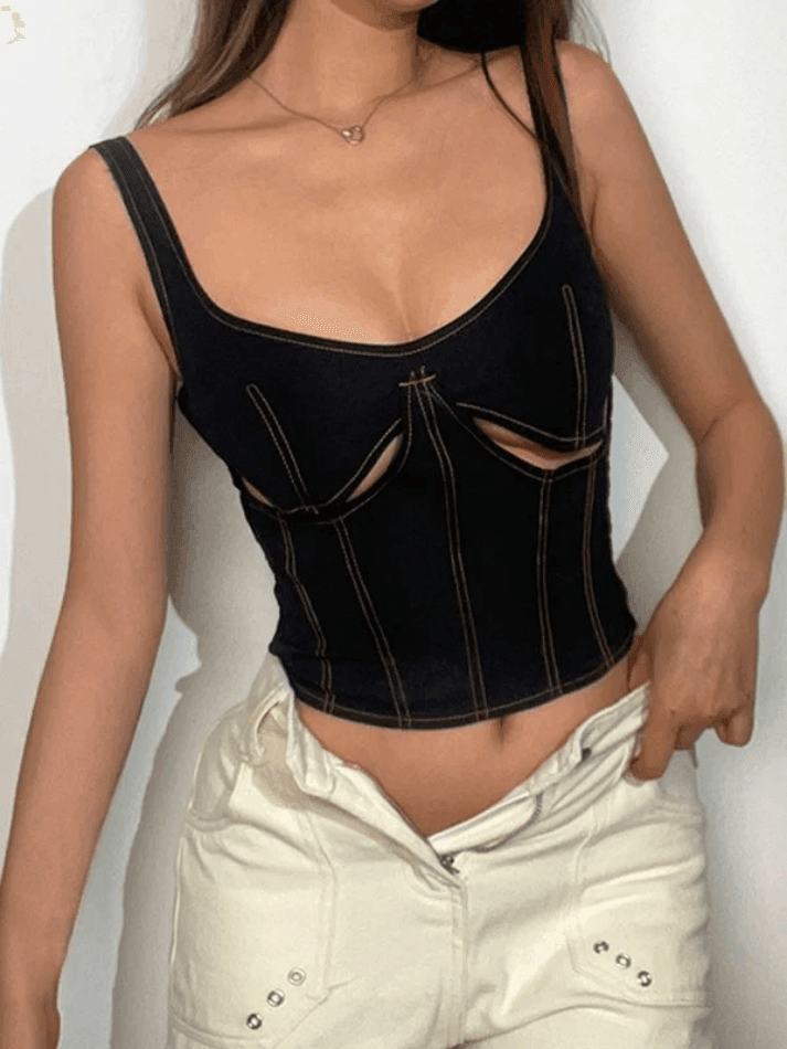 Kurzes Denim-Tanktop mit Ziernähten und Cut-outs