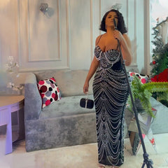Strap Rhinestone Bubble Ball Evening Dress Maxi Dress for