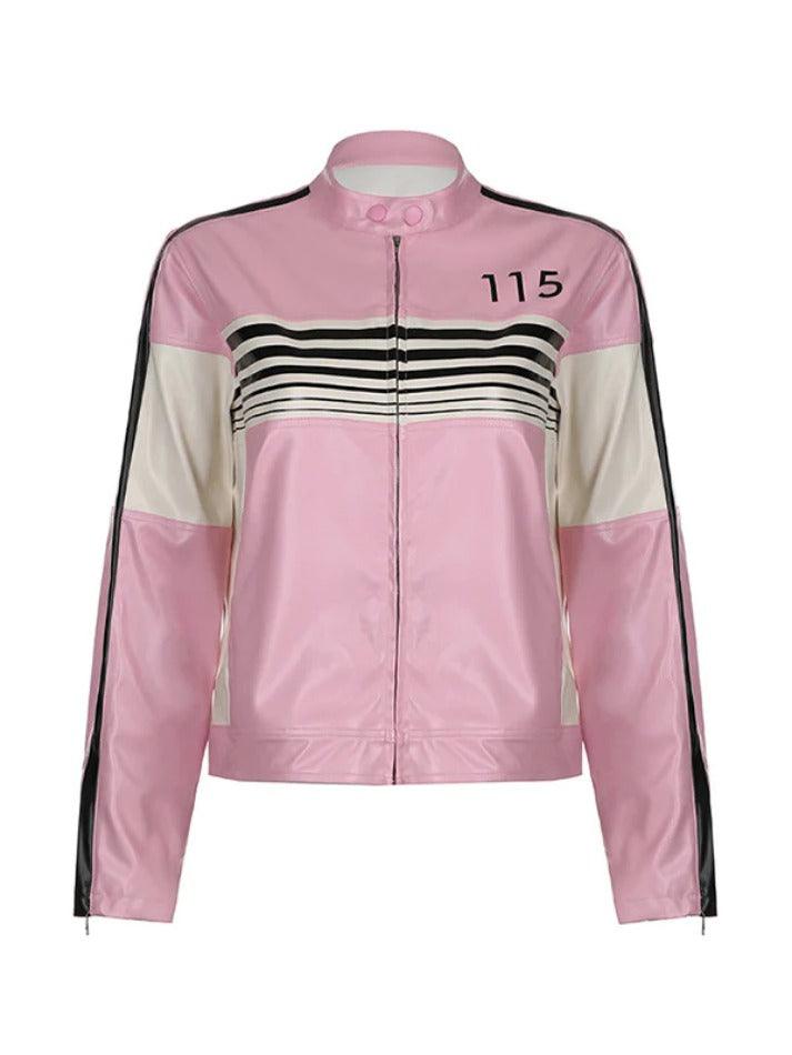 Gestreifte, kontrastfarbene Spleiß-Lederjacke