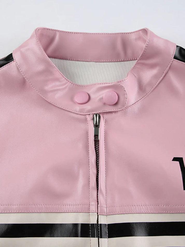 Gestreifte, kontrastfarbene Spleiß-Lederjacke