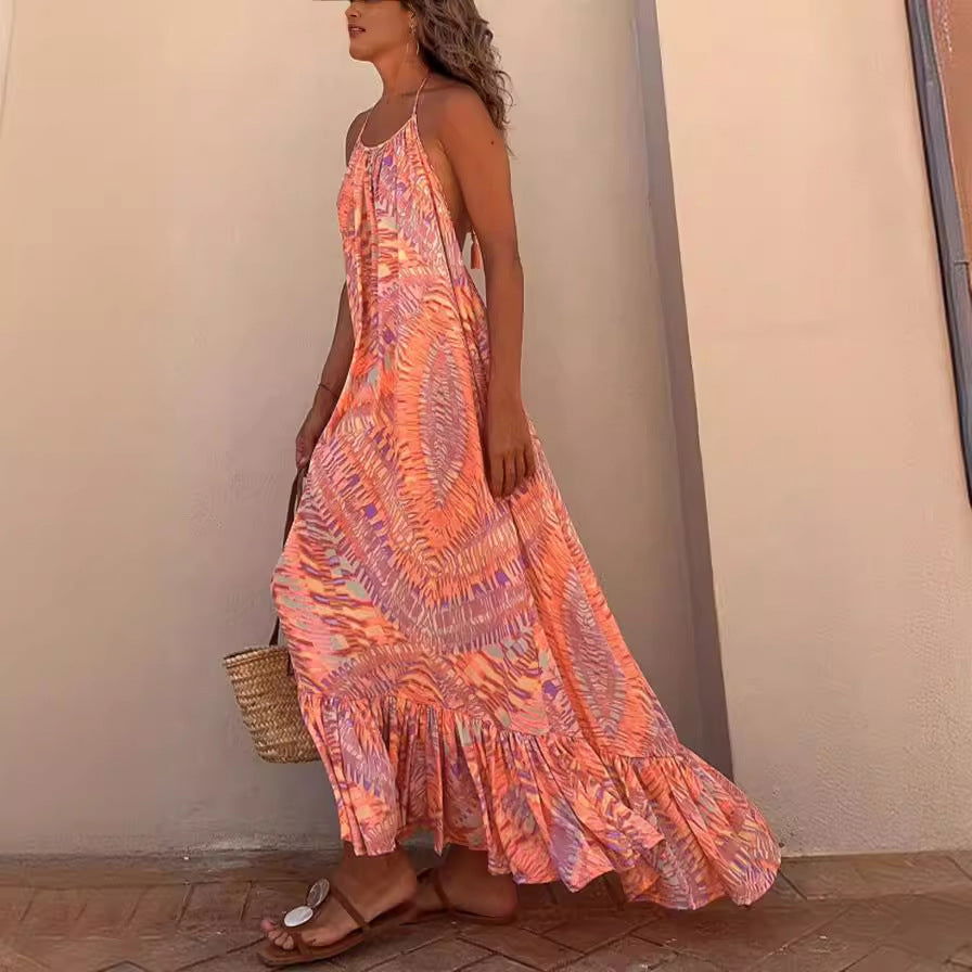 Casual Elegant Printed Dress Sling Large Swing Dress
