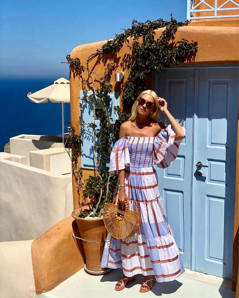 off the shoulder striped maxi dress Casual Short Sleeve Striped off-Shoulder Large Swing Maxi Dress – AmiEmi