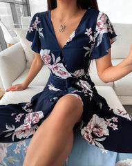 Casual Short Sleeve Digital Printed V-neck Asymmetric Dress