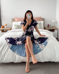 Casual Short Sleeve Digital Printed V-neck Asymmetric Dress