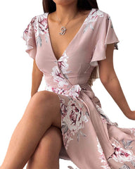 Casual Short Sleeve Digital Printed V-neck Asymmetric Dress