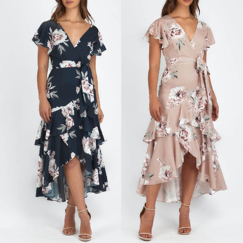 Casual Short Sleeve Digital Printed V-neck Asymmetric Dress