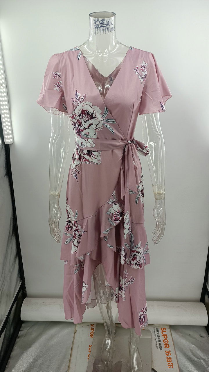 Casual Short Sleeve Digital Printed V-neck Asymmetric Dress