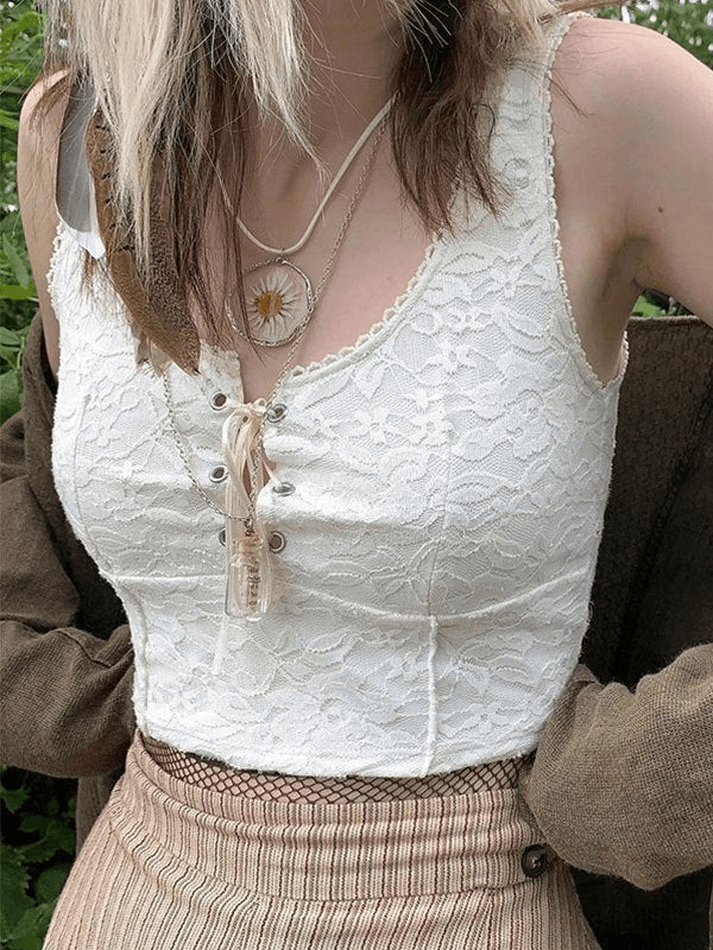 Kurzes Tanktop aus Spitze zum Binden vorne