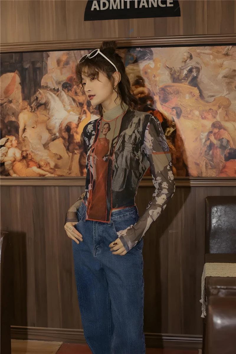 Asymmetrisches Mesh-Top im Vintage-Stil mit Patches