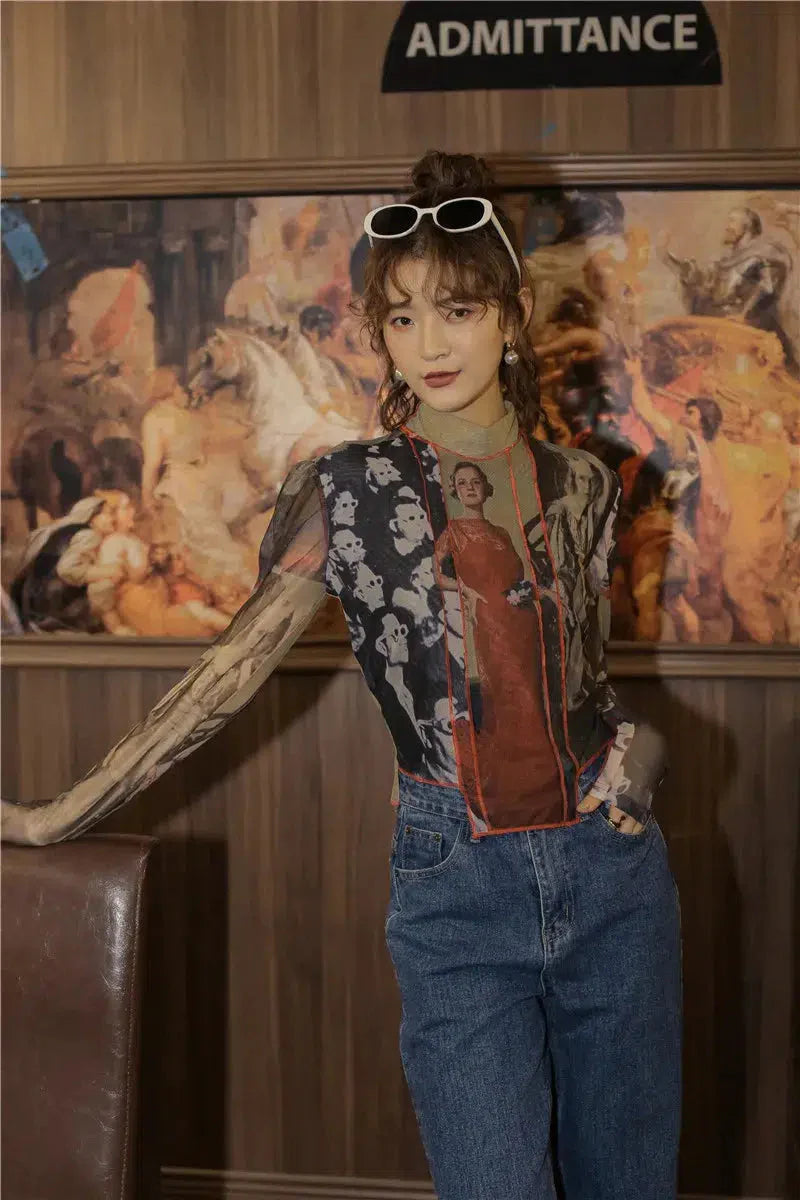 Asymmetrisches Mesh-Top im Vintage-Stil mit Patches