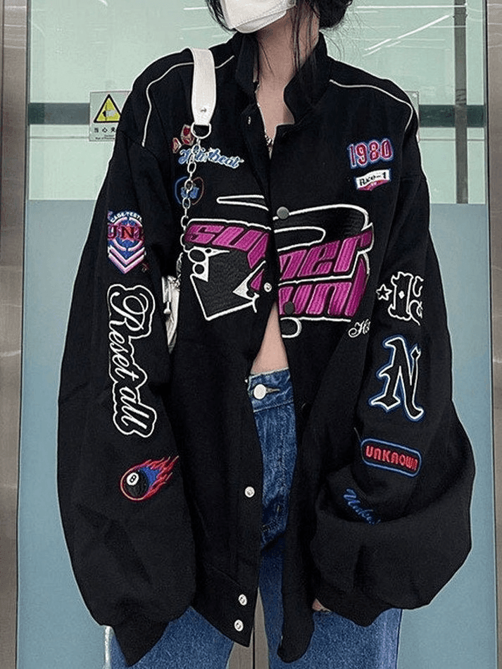 Vintage bestickte Button-Down-Motorrad-Collegejacke