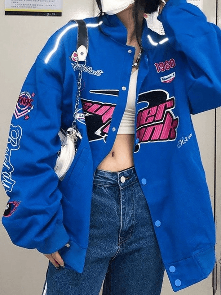 Vintage bestickte Button-Down-Motorrad-Collegejacke