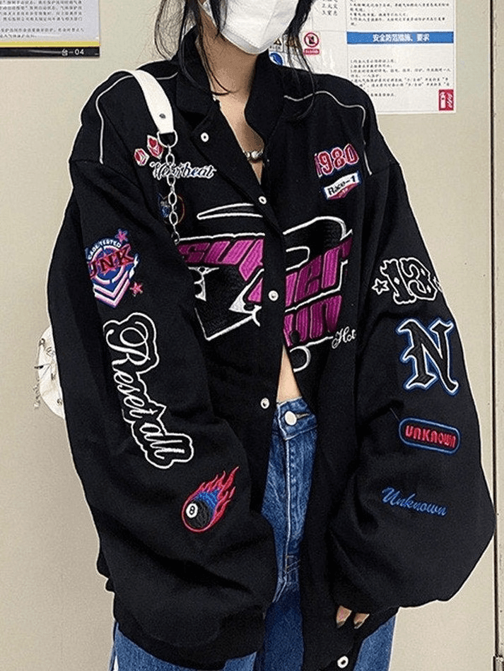 Vintage bestickte Button-Down-Motorrad-Collegejacke