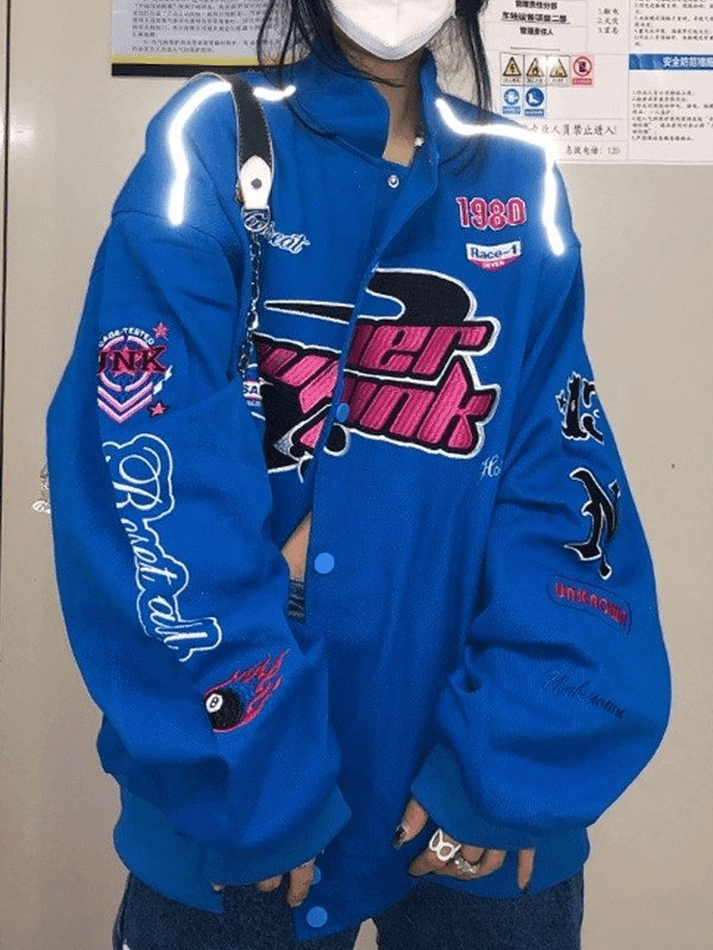 Vintage bestickte Button-Down-Motorrad-Collegejacke