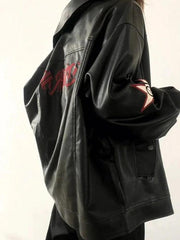 Vintage-Lederjacke mit Stickerei und Reverskragen