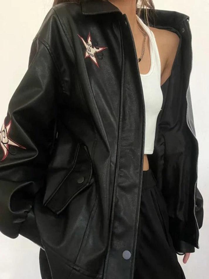 Vintage-Lederjacke mit Stickerei und Reverskragen