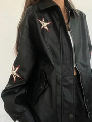 Vintage-Lederjacke mit Stickerei und Reverskragen