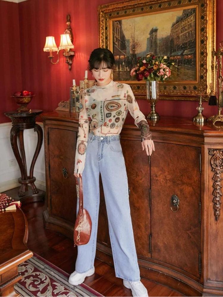 Top transparente con símbolos vintage