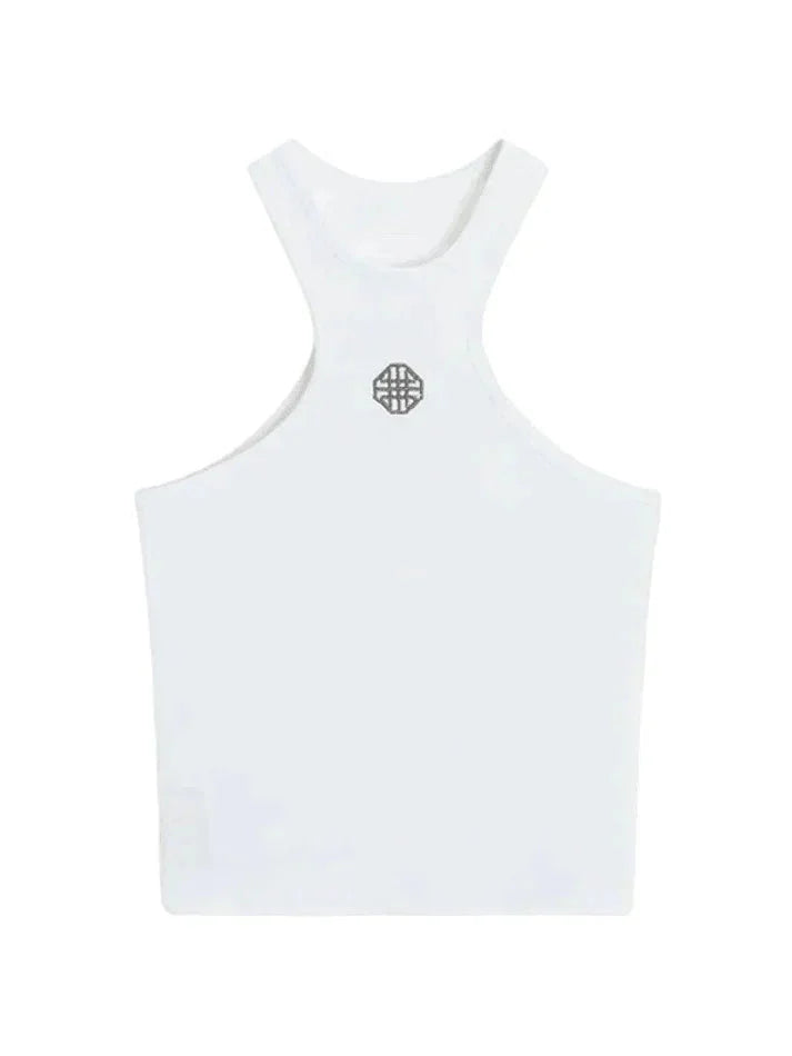 Weißes, geripptes, kurzes Tanktop mit Logo
