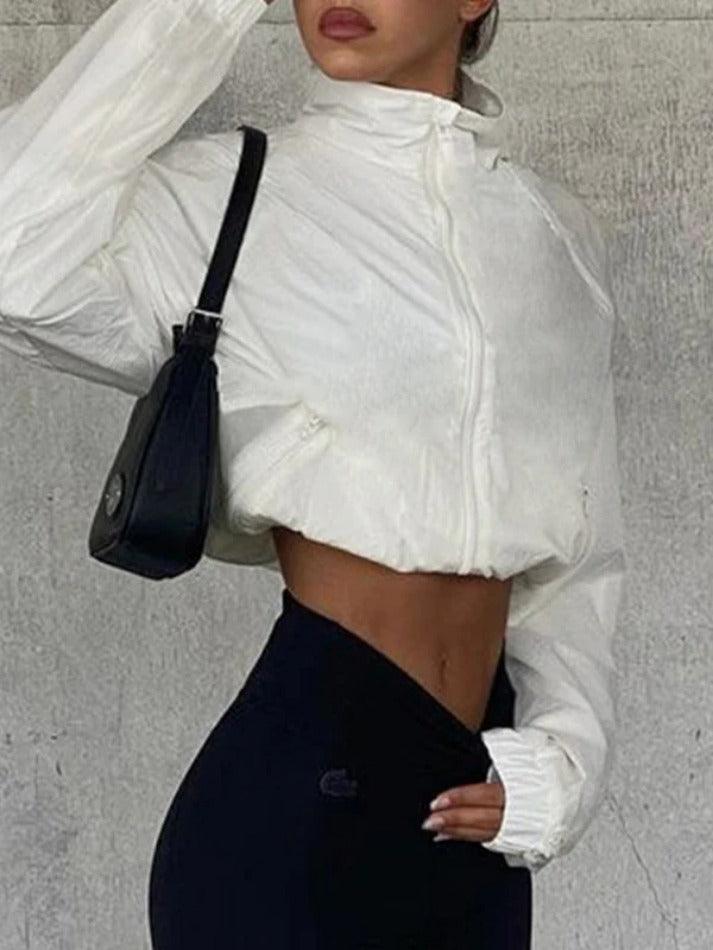 Weiße, dünne, kurze Jacke im Cargo-Stil mit dehnbarem Saum