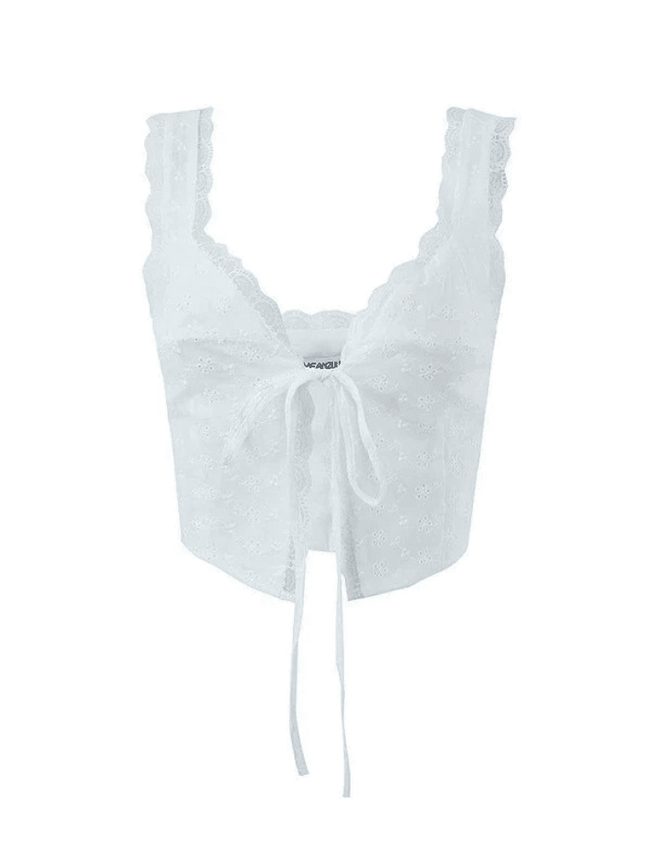 Weißes kurzes Tanktop aus Spitze mit Schnürung vorne