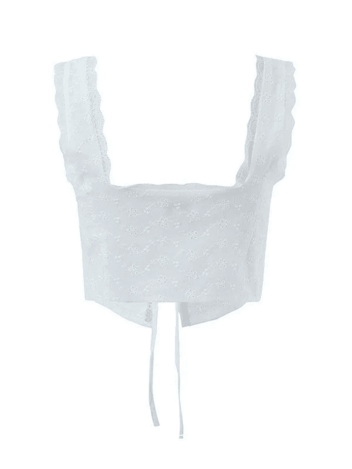 Weißes kurzes Tanktop aus Spitze mit Schnürung vorne