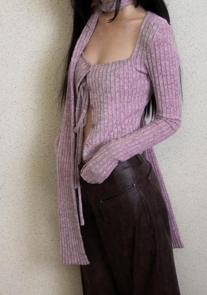 Y2K Cord-Cardigan mit kurzem Schal
