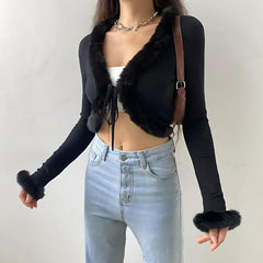 Y2K Kurzer Cardigan aus Kunstfell-Cord
