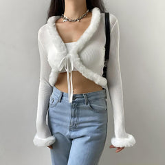 Y2K Kurzer Cardigan aus Kunstfell-Cord