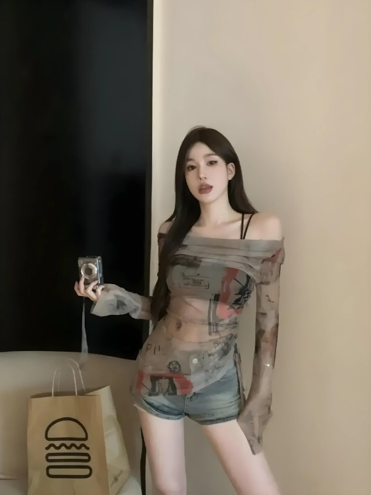 Y2K Off Shoulder Asymmetrisches Top